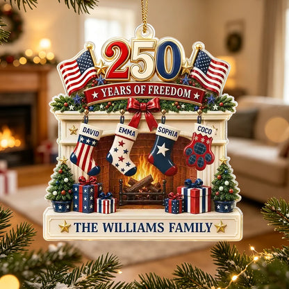 Personalized America 250th Anniversary Acrylic Ornament, U.S. Flag Family Christmas Keepsake with Custom Stockings