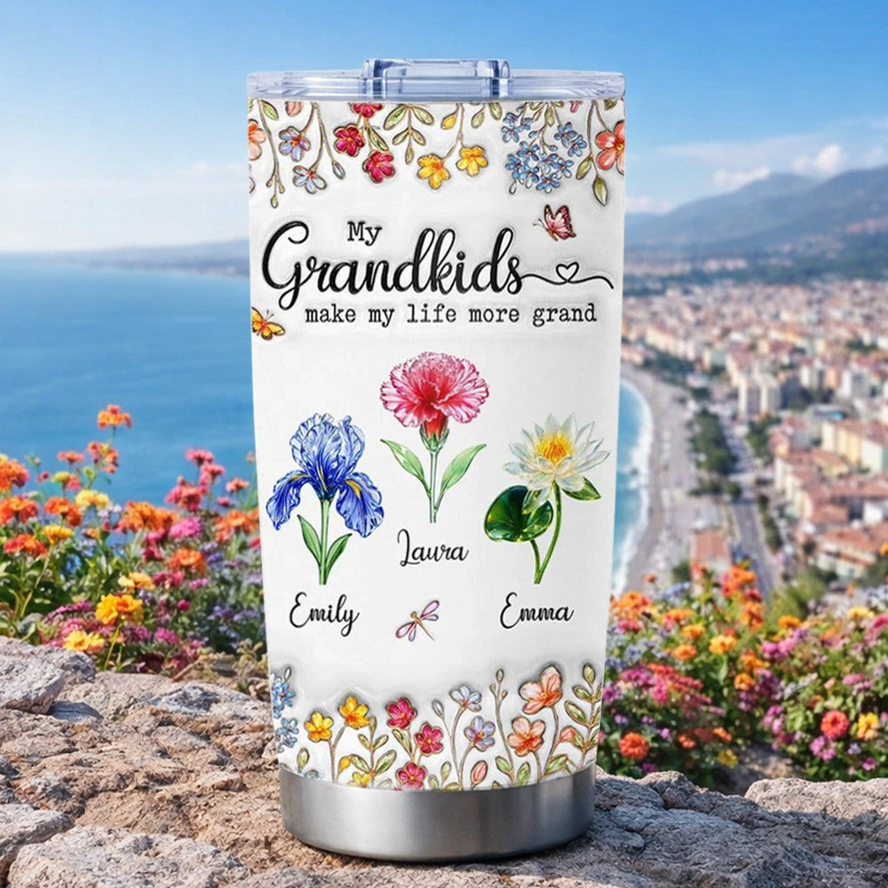 Personalized Insulated Travel Tumbler with Grandkids Floral Design, Sweet Grandma Gift for Coffee Runs and Hydration On the Go