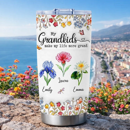 Personalized Insulated Travel Tumbler with Grandkids Floral Design, Sweet Grandma Gift for Coffee Runs and Hydration On the Go