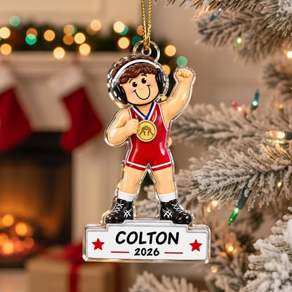 Personalized Acrylic Ornament, Cartoon Wrestling Champion on Christmas Tree, Unique Gift for Son
