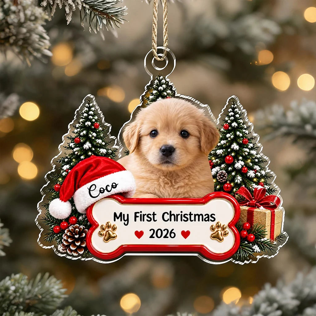 Custom Pet Photo Acrylic Ornament, Snowy Christmas Tree Scene, Unique Gift for Pet Parents
