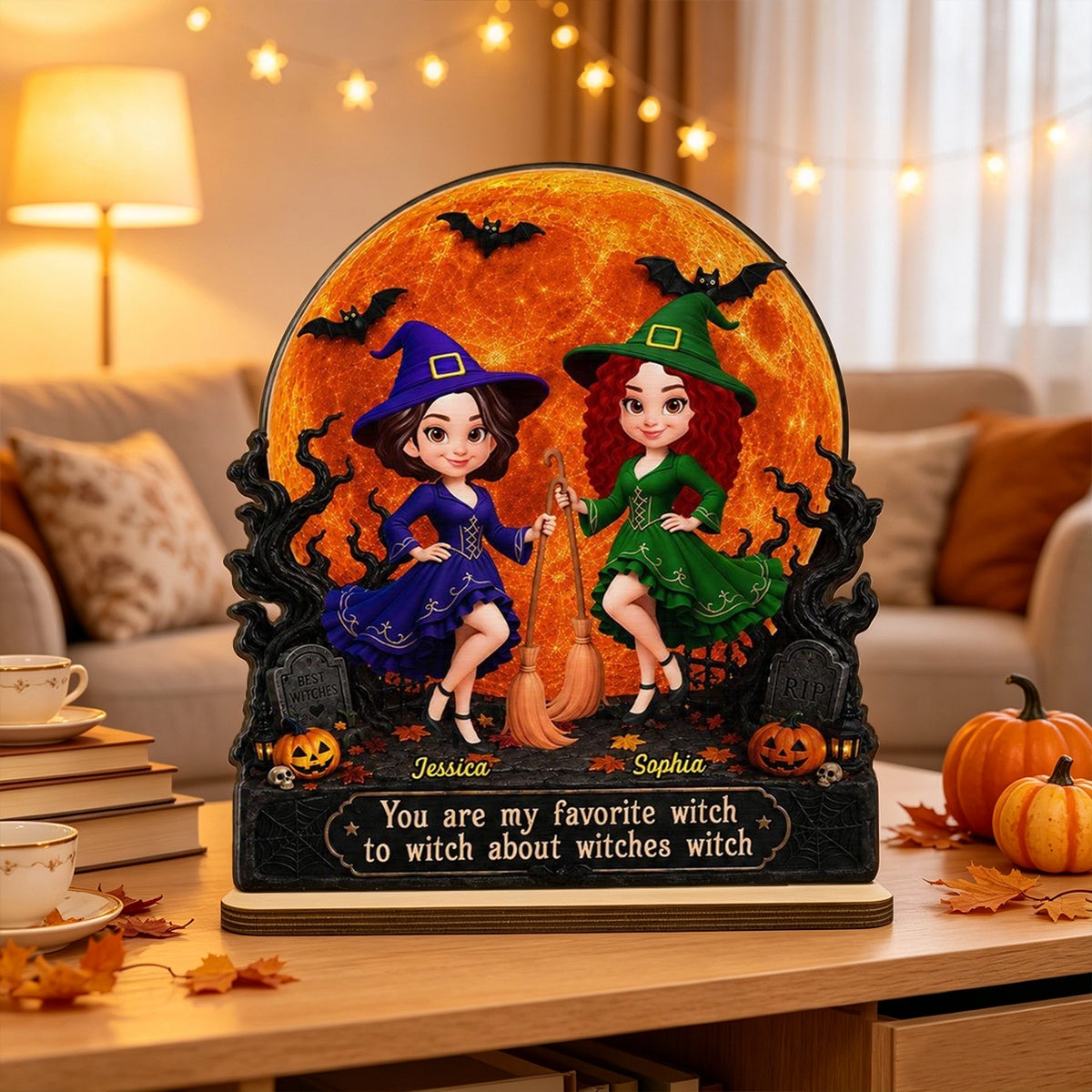 Personalized 2-Layer Wooden Plaque with Witch Friends & Orange Moon, Unique Gift for Close Friends