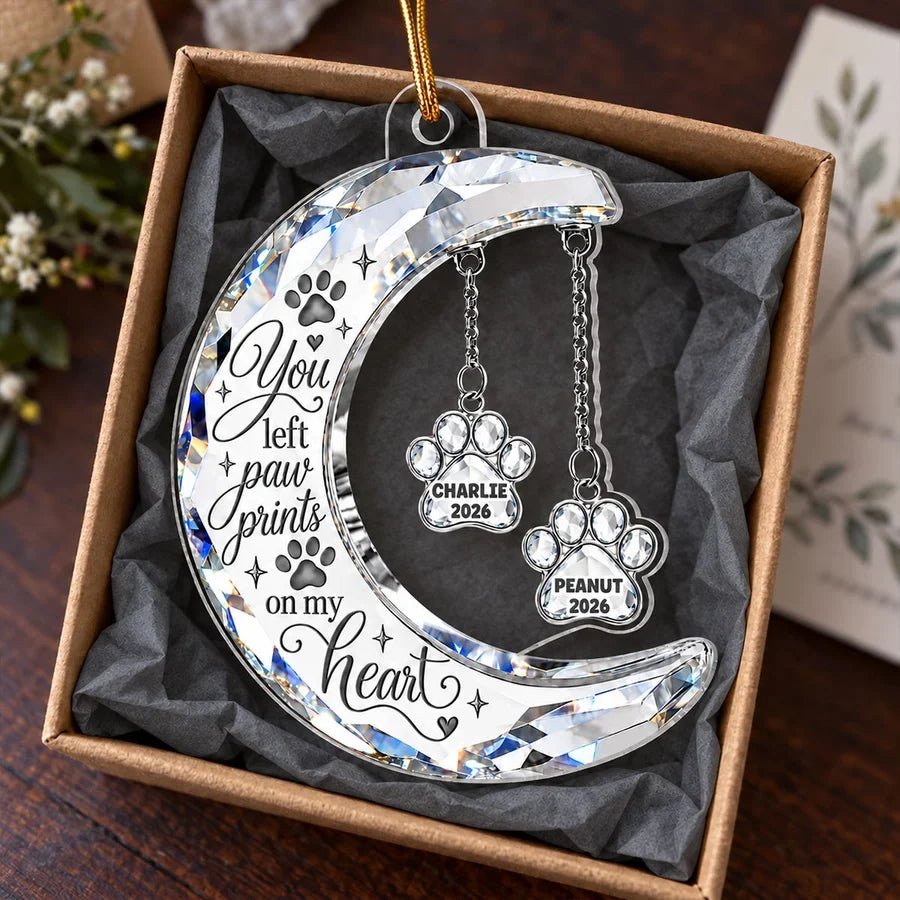 Personalized Acrylic Ornament, Faceted Moon & Paw Memorial on an Evergreen, Unique Gift for Pet Owners