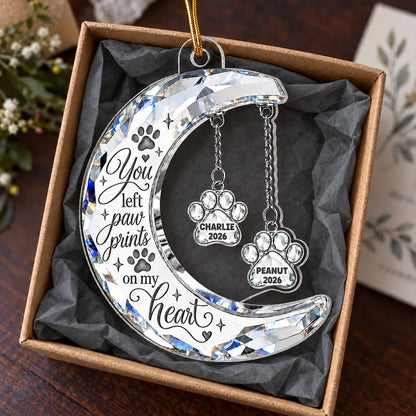 Personalized Acrylic Ornament, Faceted Moon & Paw Memorial on an Evergreen, Unique Gift for Pet Owners