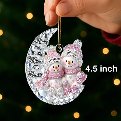 Personalized Acrylic Ornament for Grandma & Grandkid on Moon – Sparkling Snowman Design, I Love You to the Moon and Back, Unique Christmas Gift