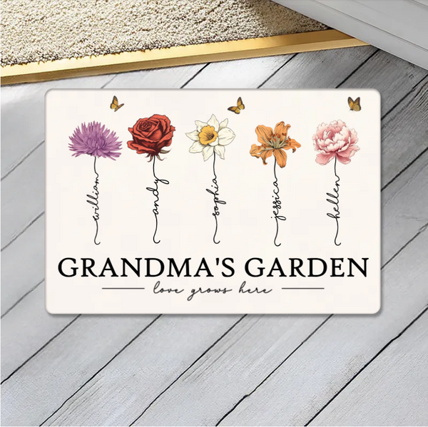 Grandma's Garden Love Grows Here Beautiful Birth Month Flower Gift For Grandma Mom Personalized Doormat or Poster or Canvas, Keychain, Plaque, Wallet Card