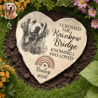 Personalized Pet Memorial Heart Stone, Custom Dog or Cat Pencil Sketch, Rainbow Bridge Garden Plaque
