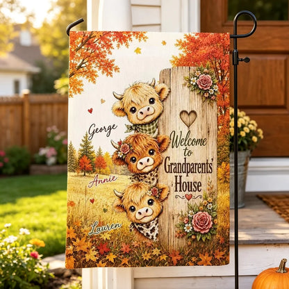 Personalized Highland Cow Garden Flag, Cows Peeking by a Rustic Sign, Unique Autumn Gift for Grandparents