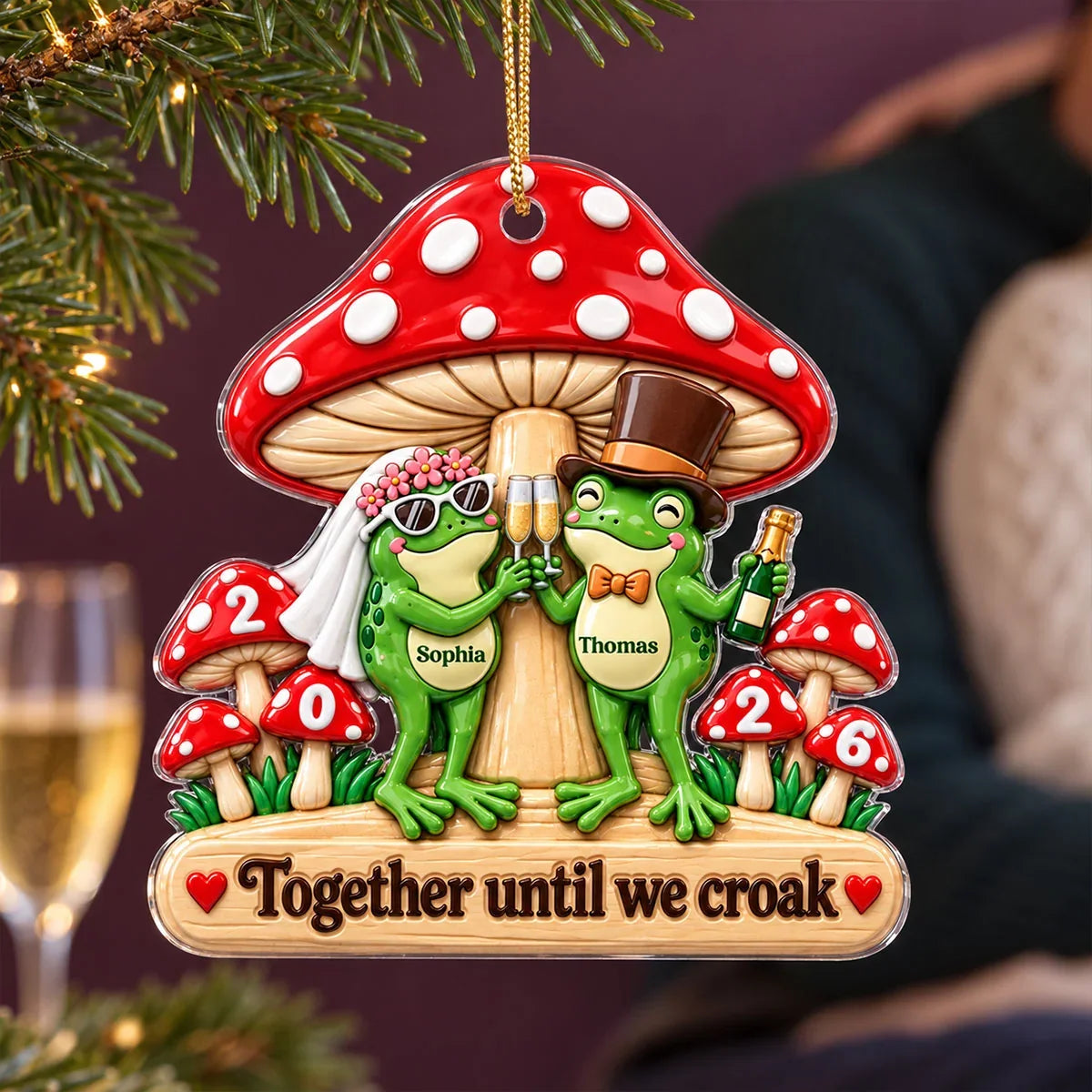 Personalized Frog Couple Acrylic Ornament, Wedding Toast Under Red Mushrooms, Unique Gift for Couples