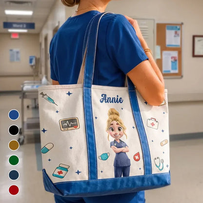 Personalized Oxford Cloth Tote Bag, Standing Cartoon Nurse in Scrubs with Medical Icons, Unique Gift for Nurses