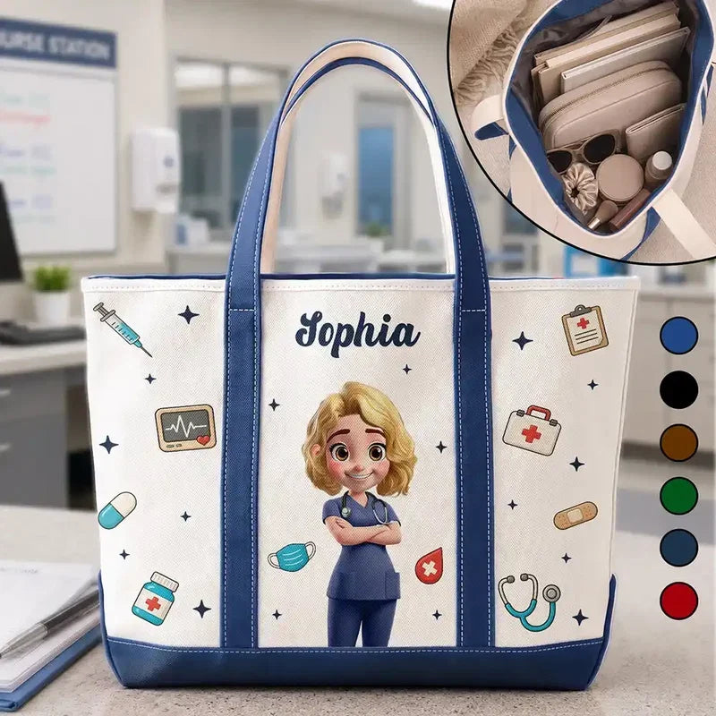 Personalized Oxford Cloth Tote Bag, Standing Cartoon Nurse in Scrubs with Medical Icons, Unique Gift for Nurses