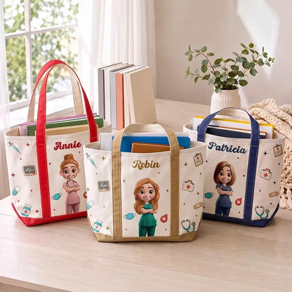Personalized Oxford Cloth Tote Bag, Standing Cartoon Nurse in Scrubs with Medical Icons, Unique Gift for Nurses