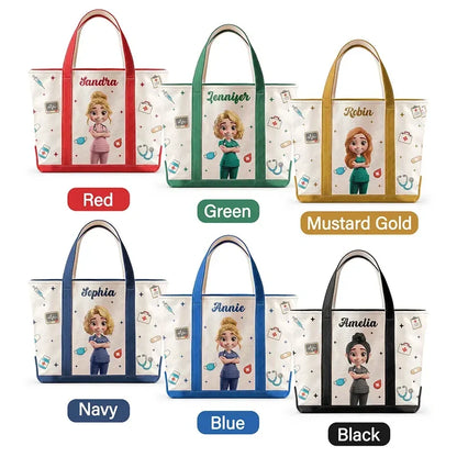 Personalized Oxford Cloth Tote Bag, Standing Cartoon Nurse in Scrubs with Medical Icons, Unique Gift for Nurses
