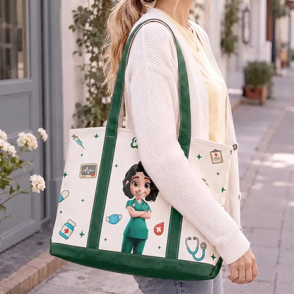 Personalized Oxford Cloth Tote Bag, Standing Cartoon Nurse in Scrubs with Medical Icons, Unique Gift for Nurses