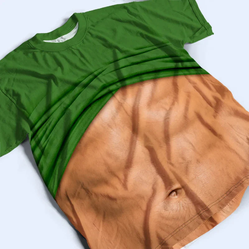 Personalized Printed Classic Tee, Funny Hairy Belly Holding Beer at Beach, Unique Creative Gift for Him