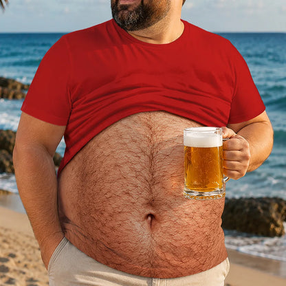 Personalized Printed Classic Tee, Funny Hairy Belly Holding Beer at Beach, Unique Creative Gift for Him