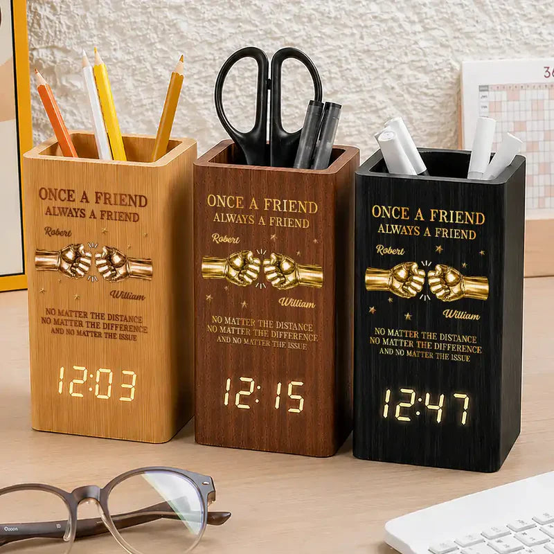 Personalized Wooden Pen Holder Clock, Brother Fist Bump Desk Organizer, Unique Gift for Brother