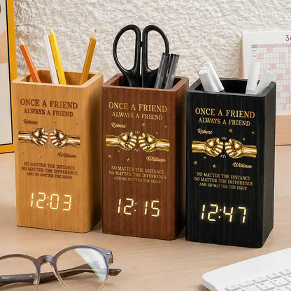 Personalized Wooden Pen Holder Clock, Brother Fist Bump Desk Organizer, Unique Gift for Brother
