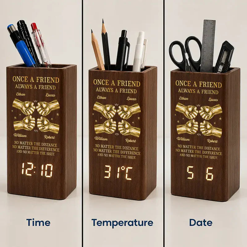 Personalized Wooden Pen Holder Clock, Brother Fist Bump Desk Organizer, Unique Gift for Brother
