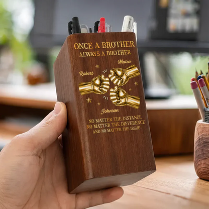 Personalized Wooden Pen Holder Clock, Brother Fist Bump Desk Organizer, Unique Gift for Brother