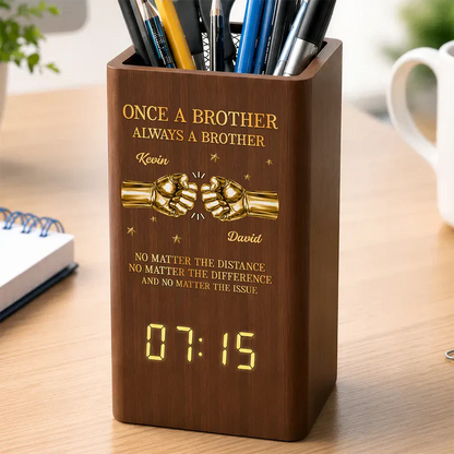 Personalized Wooden Pen Holder Clock, Brother Fist Bump Desk Organizer, Unique Gift for Brother