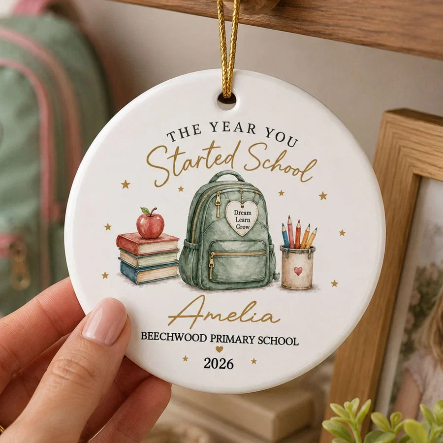 Personalized Ceramic Ornament, Watercolor First Day of School Keepsake, Unique Gift for Students