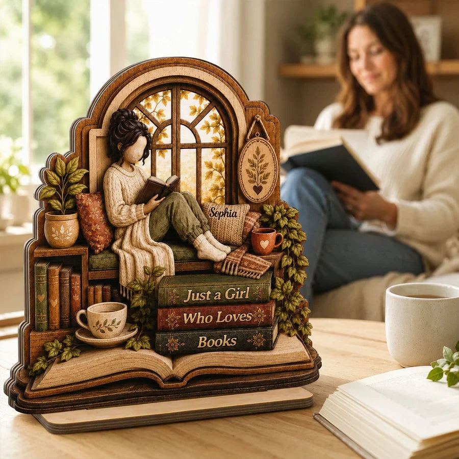 Personalized Wooden Plaque for Book Lover, Girl Reading in Cozy Window Nook, Unique Creative Gift