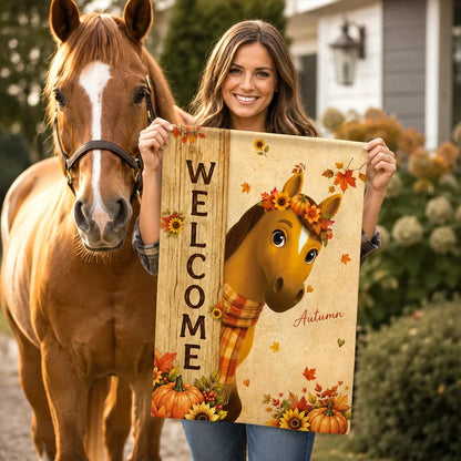 Personalized Garden Flag, Cute Horses Peeking by a Welcome Sign, Creative Fall Gift for Equestrians