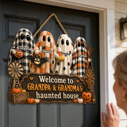 Personalized Wooden Sign with Cute Ghosts, Farmhouse Halloween Decor, Unique Creative Gift for Grandparents