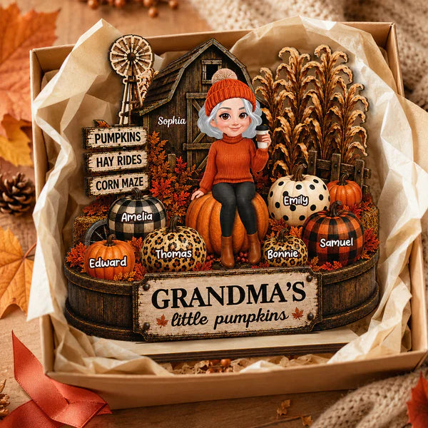 Personalized 2-Layer Wooden Plaque, Grandma Holding Coffee in Warm Autumn Farm Scene, Unique Gift