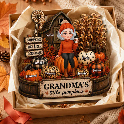 Personalized 2-Layer Wooden Plaque, Grandma Holding Coffee in Warm Autumn Farm Scene, Unique Gift