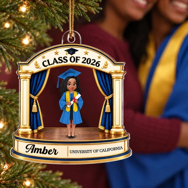 Personalized Acrylic Ornament, Female Graduate on Stage, Red and Gold Unique Creative Christmas Gift for Graduate