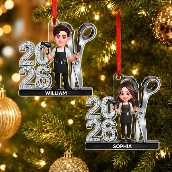 Personalized Acrylic Ornament, Stylist Holding Salon Tools, Creative Gift for Hairdressers and Christmas Tree Decor