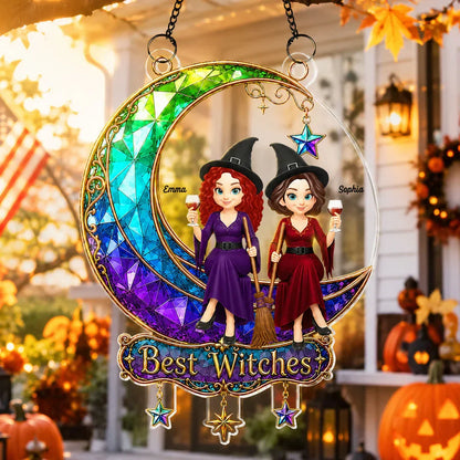 Personalized Acrylic Suncatcher Ornament, Witch Friends On Moon, Unique Halloween Gift For Friends