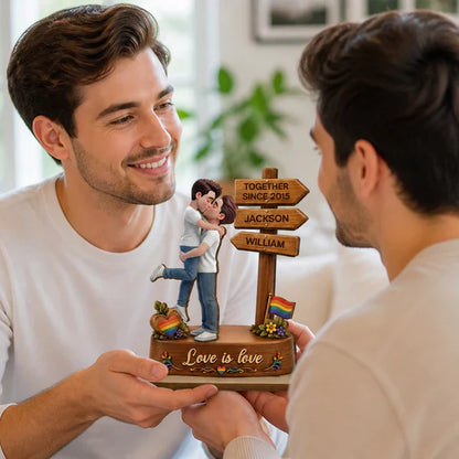 Personalized 2-Layer Wooden Plaque with Kissing LGBT Couple, Unique Gift for Partners & Pride Decor
