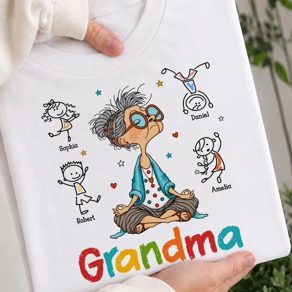 Personalized Grandma Classic Tee, Meditating Cartoon Grandkids Design, Unique Creative Gift for Grandma
