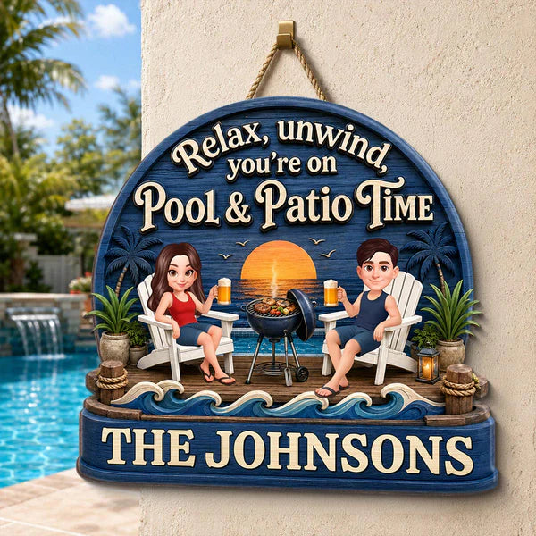 Personalized Wooden Sign, Couple Relaxing by Pool & Patio, Unique Gift for Outdoor Decor