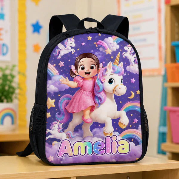 Personalized Kids School Backpack, Girl Riding Unicorn Design, Unique Back to School Gift for Daughter