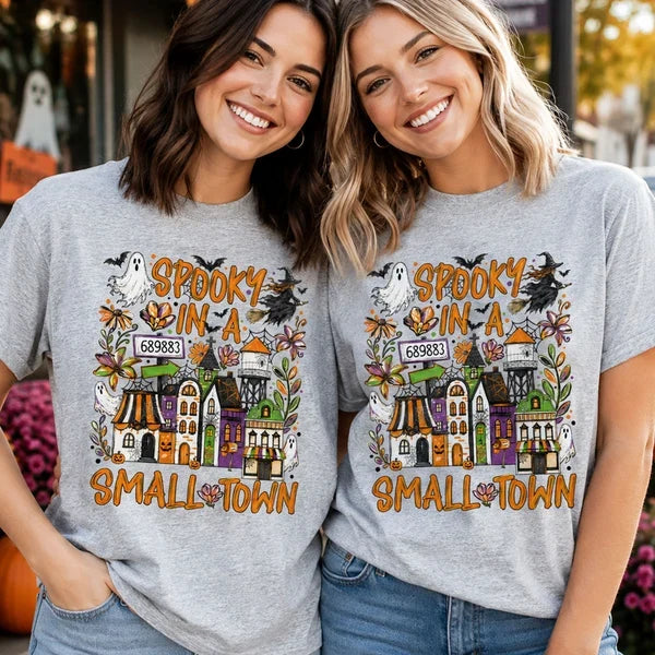 Personalized Classic Tee, Orange Ghost and Bat Town Scene, Unique Halloween Gift for Small Town Fans