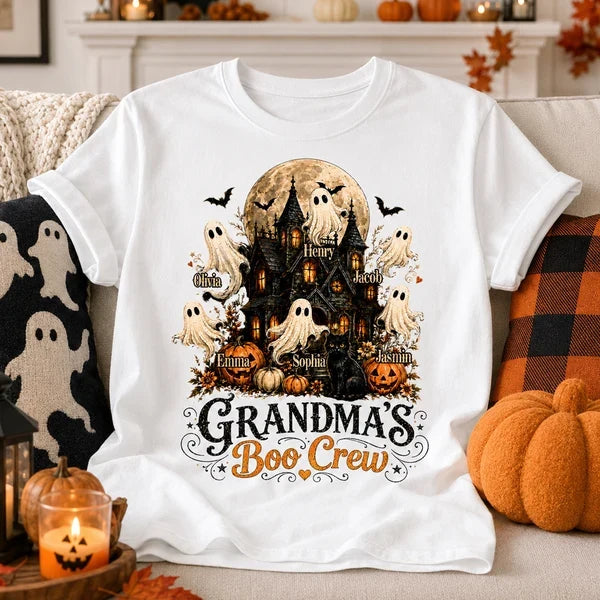 Personalized Classic Tee, Floating Ghosts at a Moonlit Haunted House, Unique Halloween Gift for Grandma