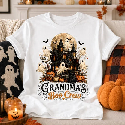 Personalized Classic Tee, Floating Ghosts at a Moonlit Haunted House, Unique Halloween Gift for Grandma