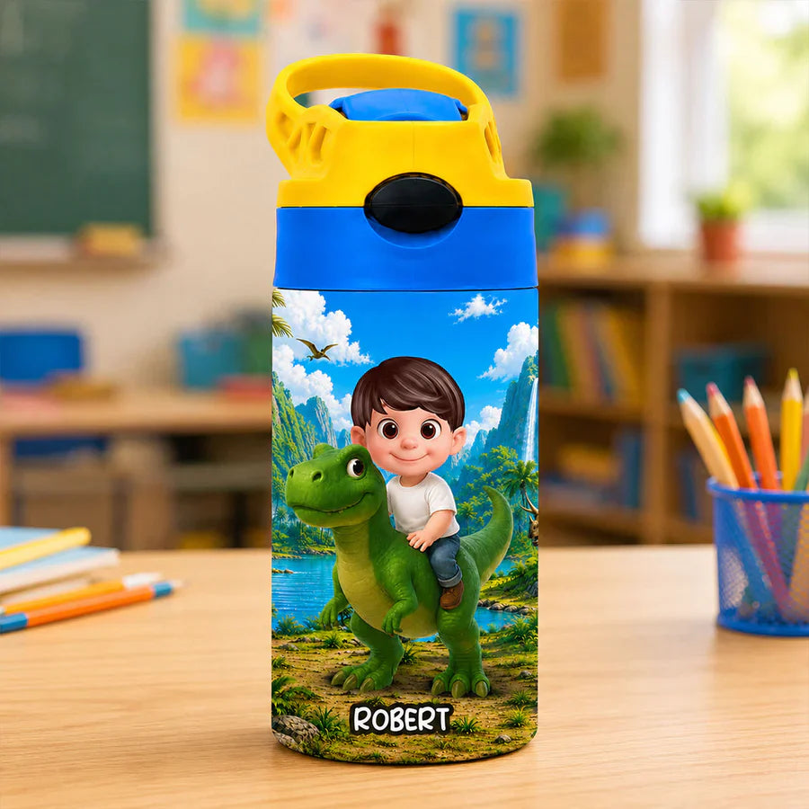 Personalized Kids Water Bottle, Cartoon Child Riding Dinosaur, Unique Creative Gift for Kids at School