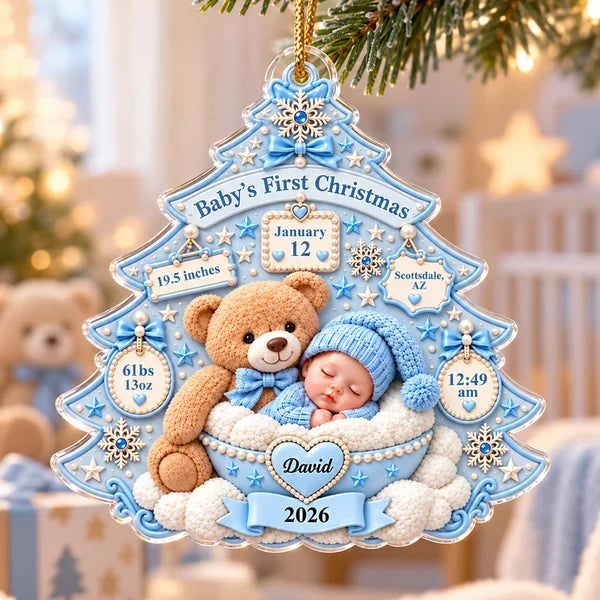 Baby's First Christmas Acrylic Ornament, Sleeping Baby and Teddy Bear Keepsake, Personalized Creative Gift for Family