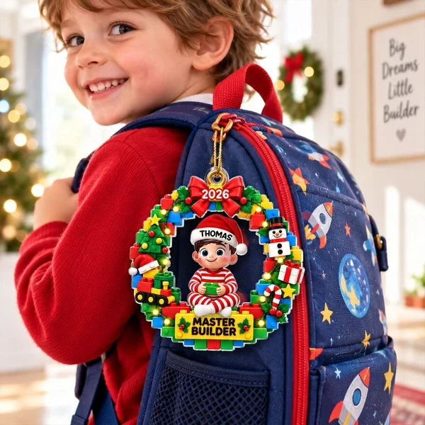 Personalized Acrylic Ornament, Cute Master Builder Child in Festive Wreath, Unique Gift for Kids