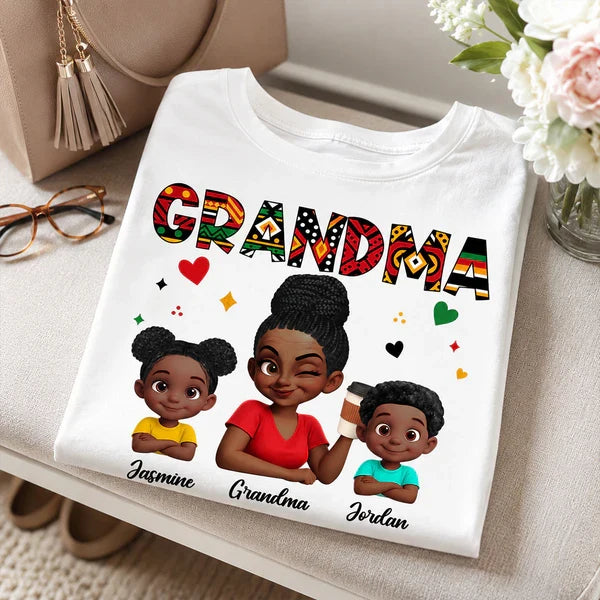 Personalized Classic Tee, Grandma Holding Coffee with Grandkids, Colorful Tribal Pattern, Unique Gift for Grandma