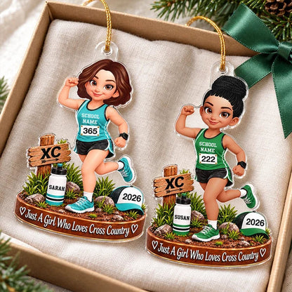 Personalized Acrylic Ornament, Colorful Cartoon Cross-Country Runner on a Trail, Unique Christmas Gift for Daughter