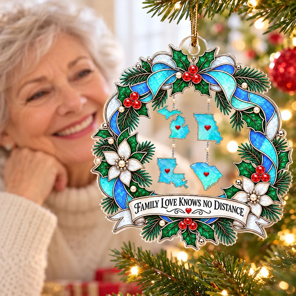 Personalized Acrylic Ornament with State Silhouettes, Blue Christmas Wreath, Unique Gift for Family