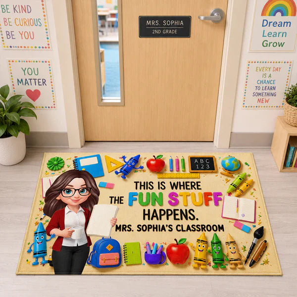 Personalized Standard Doormat With Standing Cartoon Teacher & School Supplies, Unique Teacher Gift