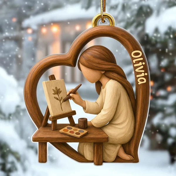 Personalized Acrylic Ornament, Warm Wood Tone Artist Painting in Heart, Unique Creative Gift for Artists