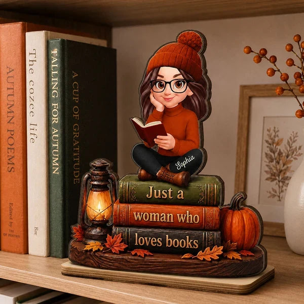 Personalized 2-Layer Wooden Plaque, Woman Reading Books Fall Decor, Unique Gift for Book Lovers